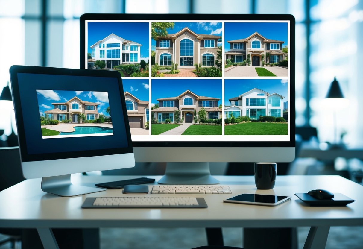 A modern office desk with a computer, tablet, and smartphone surrounded by vibrant real estate imagery on a large digital screen