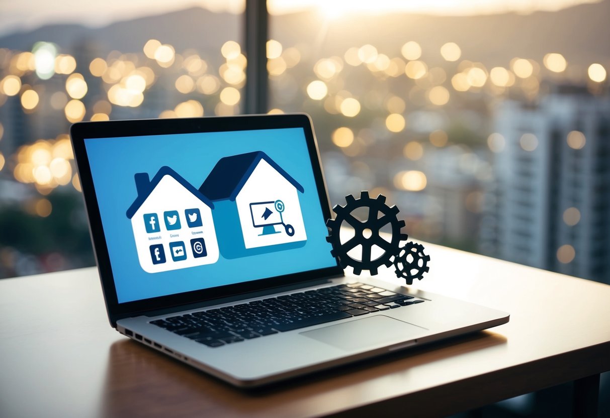 A laptop displaying social media icons and a house with gears symbolizing automation for real estate marketing