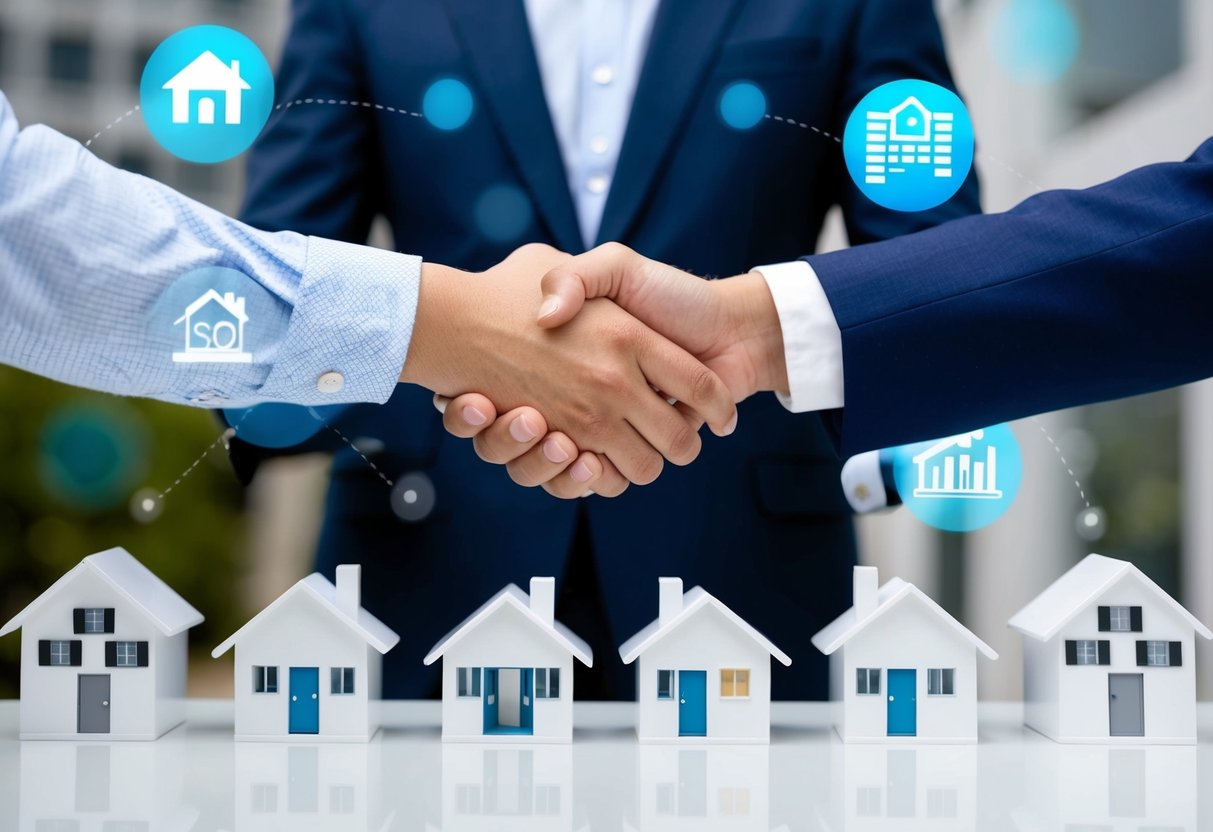 A real estate agent shaking hands with a client in front of a row of sold properties, while a digital marketing automation system works in the background