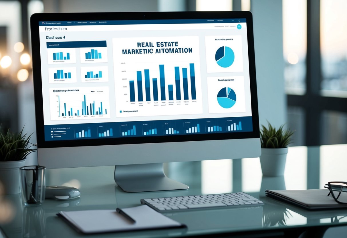 A modern office with a computer screen displaying a real estate marketing automation dashboard, surrounded by charts and graphs