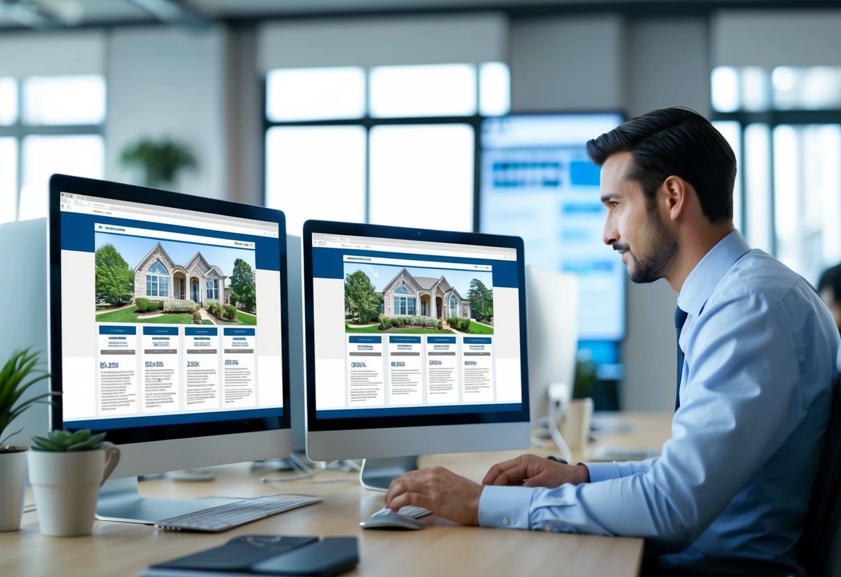An office setting with computer screens displaying real estate listings, while automated marketing software organizes data and streamlines operations