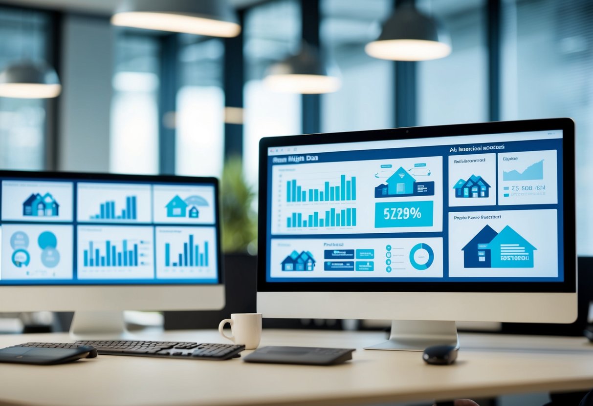 A modern office setting with computer screens displaying real estate data, automated processes, and streamlined workflows