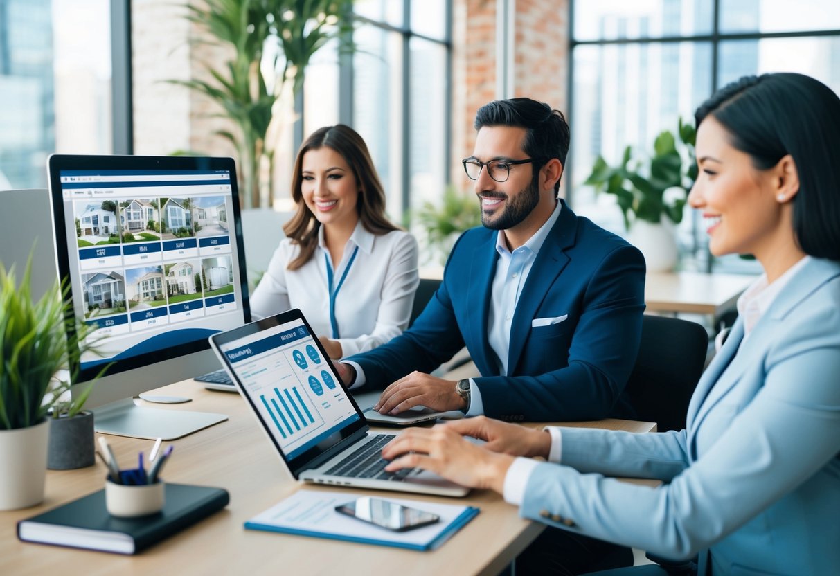 A bustling real estate office with agents using automation software to manage property listings, client communication, and financial transactions