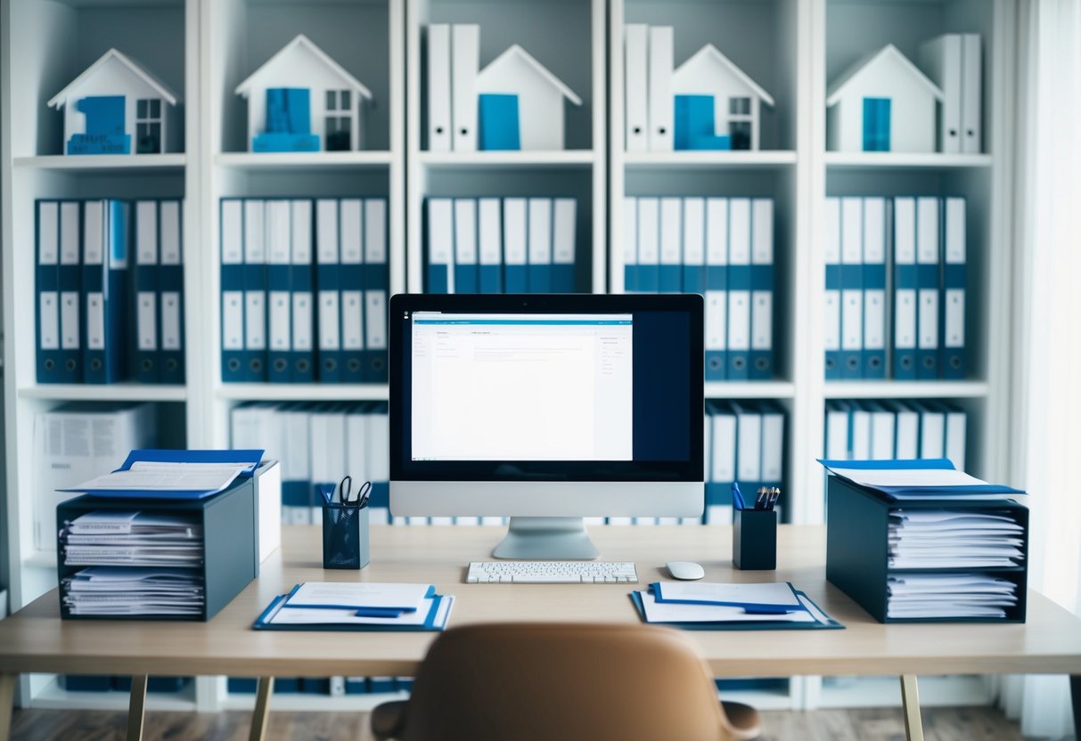 A modern office desk with a computer, files, and folders neatly organized, surrounded by shelves filled with real estate documents