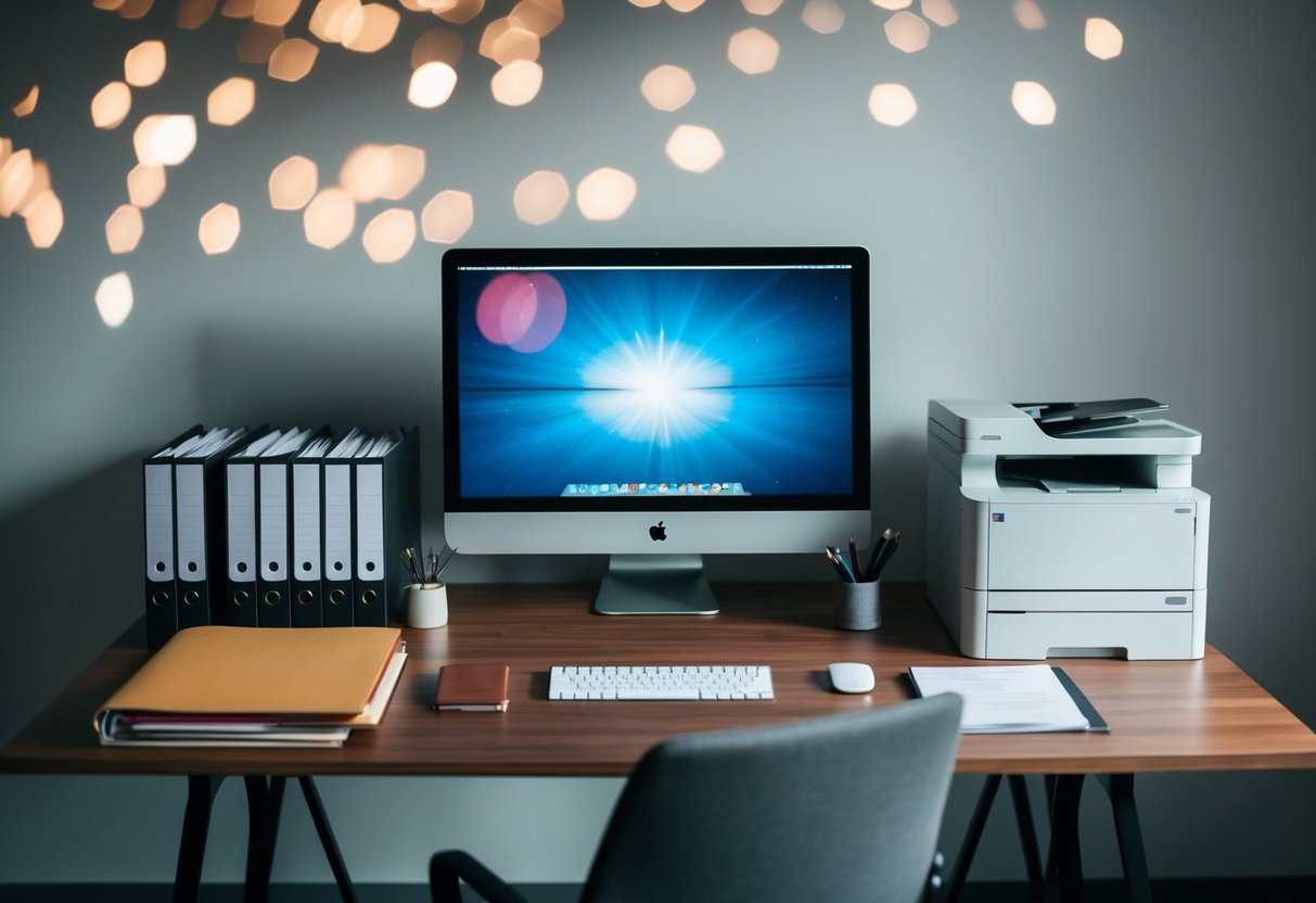 A modern office desk with organized files, computer, and printer