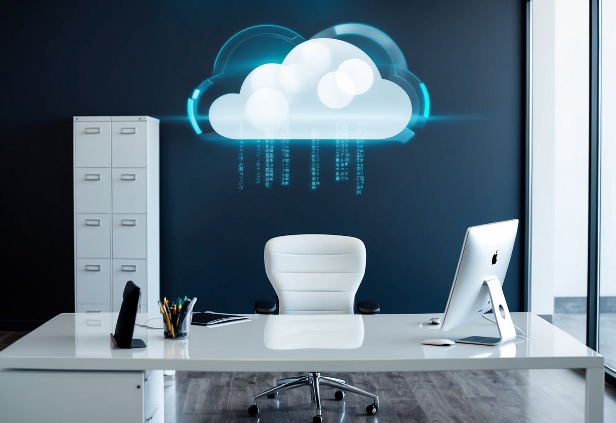 A modern office with a sleek desk, computer, and filing cabinet. A digital cloud hovers above, representing smart document storage