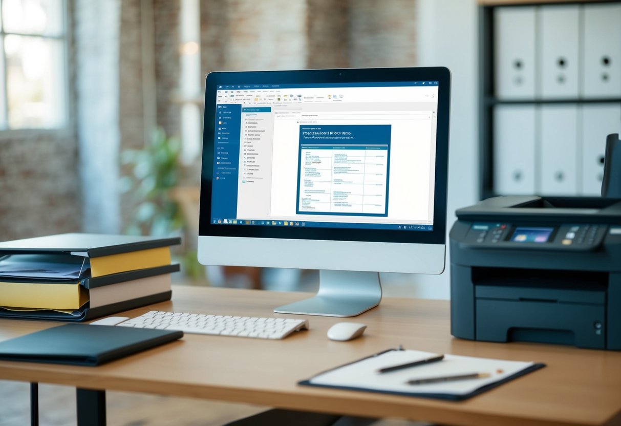 An office desk with a computer, printer, and file folders. A template-based document creation software is open on the computer screen