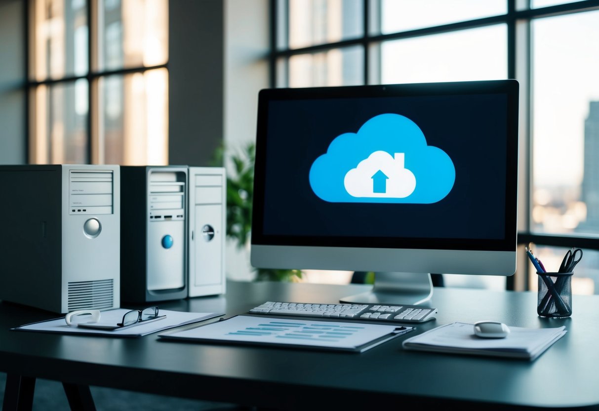 A modern office desk with a computer, secure cloud backup server, and real estate documents neatly organized