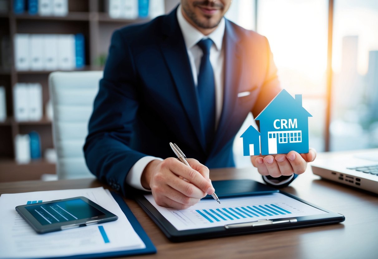 A real estate agent using CRM software to manage property documents