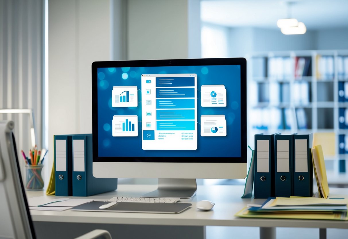 A modern office desk with a computer screen displaying a digital document management system, surrounded by organized files and folders