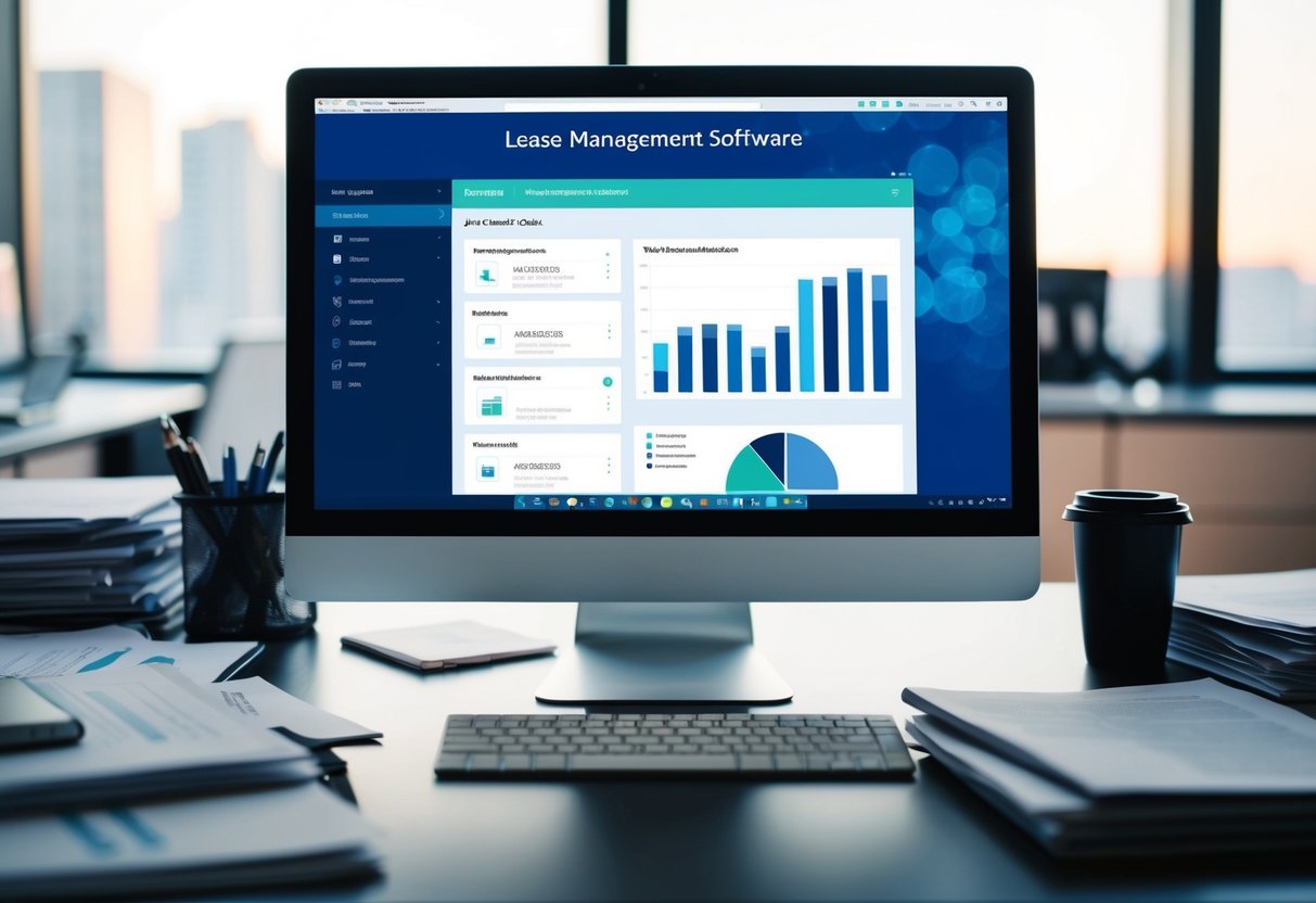 An office desk with a computer screen displaying a digital dashboard of lease management software, surrounded by files and documents