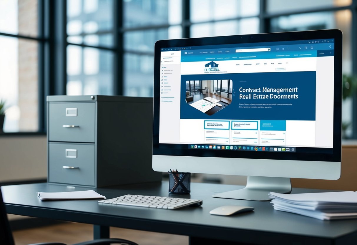 A modern office desk with a computer screen displaying a contract management system for real estate documents. A file cabinet and a stack of papers are nearby