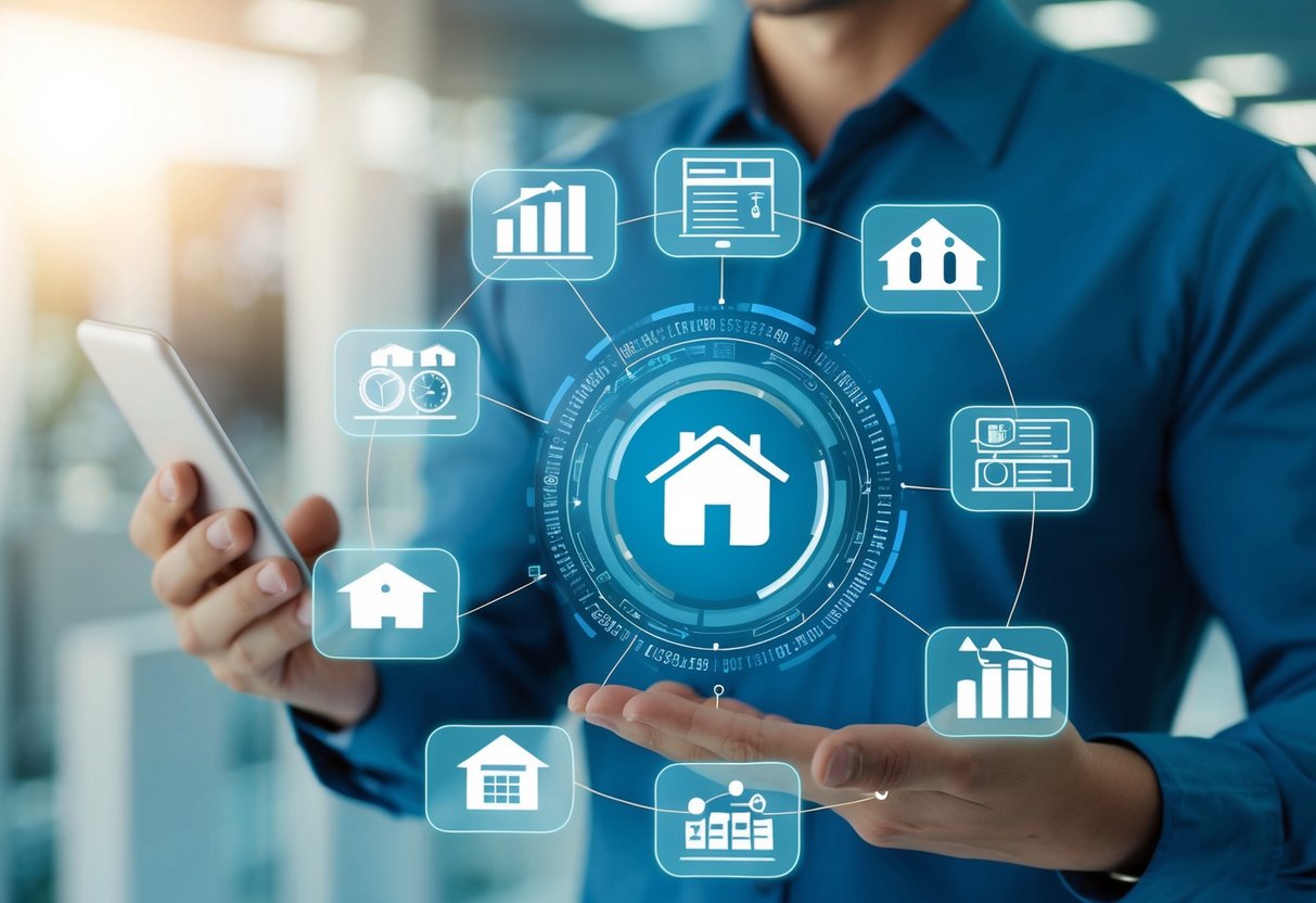 A futuristic AI system analyzing real estate data, generating customer leads, and providing smart decision-making support