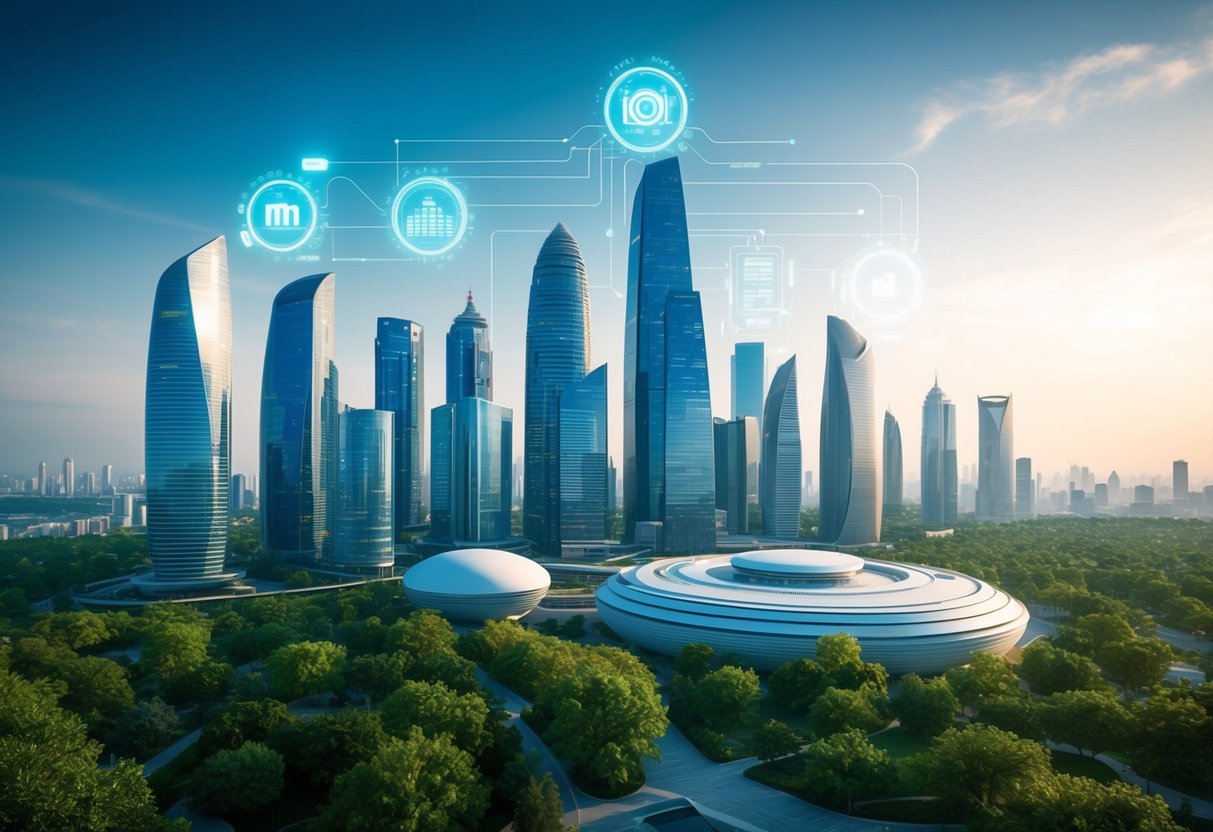 A futuristic city skyline with AI-powered buildings and data streams, surrounded by greenery and modern architecture