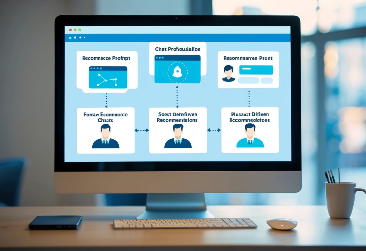 A computer screen displays various ecommerce chat prompts with data-driven recommendations