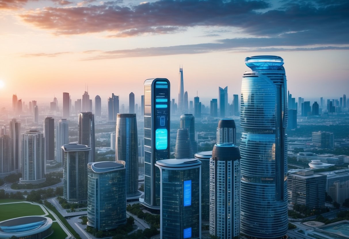 A futuristic cityscape with AI-powered buildings and smart real estate technology