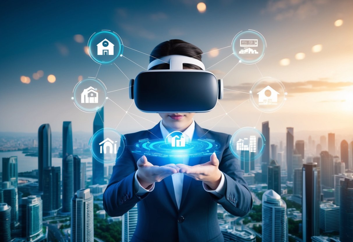 A virtual reality headset displays a futuristic cityscape, while a digital AI assistant provides real estate data and analysis