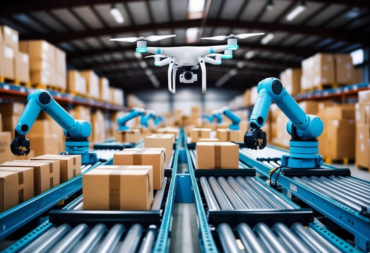 A busy warehouse with conveyor belts moving packages, robotic arms sorting items, and drones flying overhead for efficient ecommerce automation